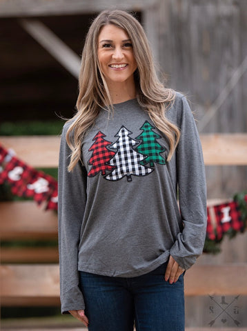 Christmas Festive Forest Tree Patches on Charcoal Longsleeve