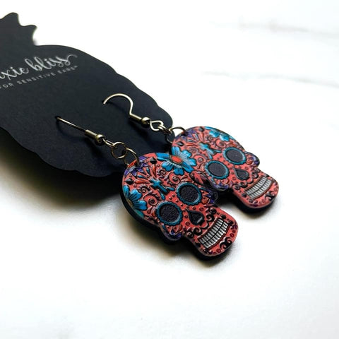 SWEET SUGAR SKULL DIXIE BLISS EARRINGS/ IN CORAL