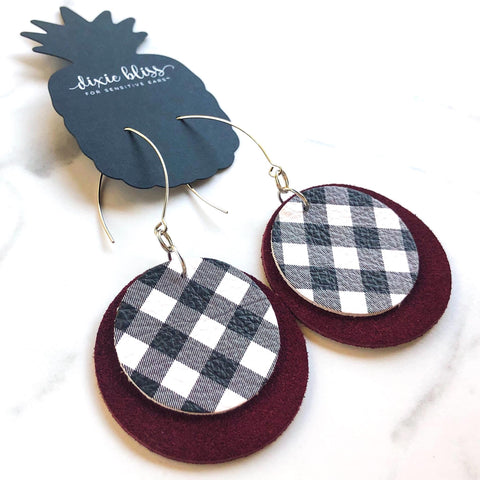 Bristol Dixie Bliss Leather and Suede earrings Wine/Buffalo plaid