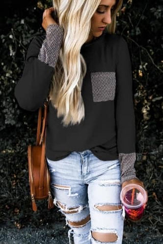 Black Top with Chevron print pocket and Sleeve