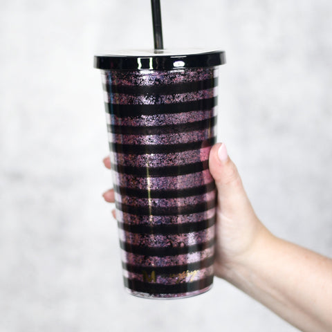 BLACK STRIPES WITH PURPLE GLITTER/ INCLUDES STRAW