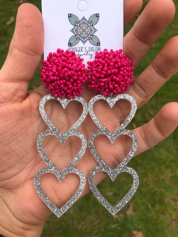 SILVER HEARTS WITH PINK POM EARRINGS