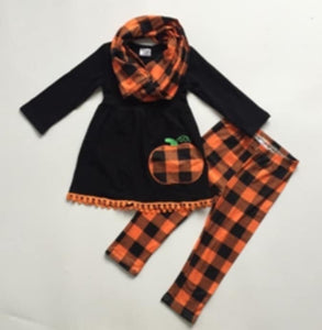 Kids Pumpkin and Plaid Outfit with Scarf