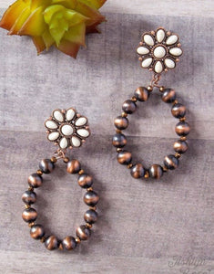 Flower Stone with Southern Pearls Teardrops G&E  Earrings, Copper