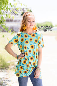 Sassy Sunflower Knot Top in mint/Crazy Train